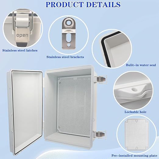 Waterproof Electrical Box, IP67 Junction Box Stainless Steel Latch Hinged Grey Cover Project Enclosure with Wall Bracket 13.8" x 9.8" x 5.9" - Image 3