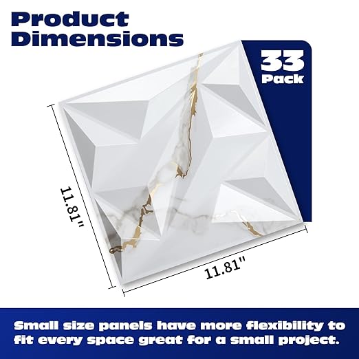 Art3dwallpanels 33 Pack 3D Wall Panel Diamond for Interior Wall Décor, PVC Textured Wall Panels, 12''x12'' Cover 32.Sq.Ft. Gold Veined White - Image 2