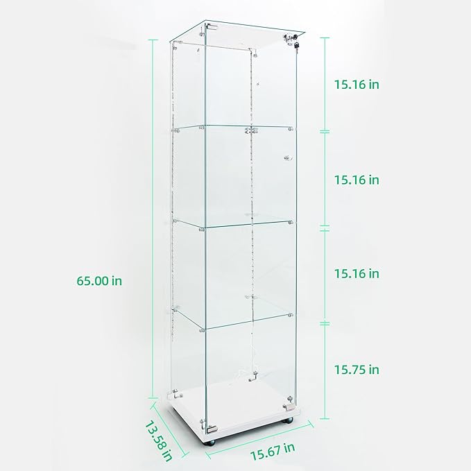 Yoluckea 4 Tiers Glass Display Cabinet with Bluetooth LED Light Strip, 1 Door Floor Standing Curio Cabinet with Universal Wheel for Home Office Display, White Glass Bookshelf for Collections,Clear Top - Image 2
