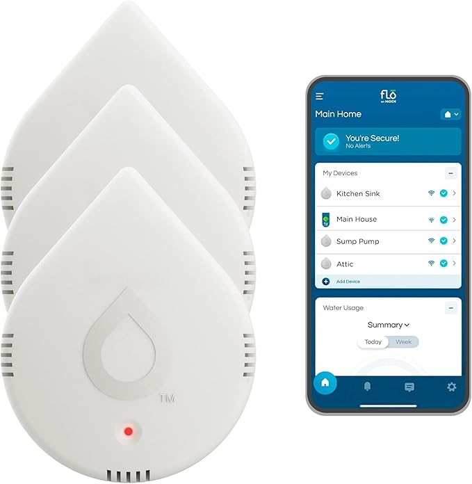 Moen 920-005 Flo Smart Water Leak Detector, White, 3-Pack with 3-Pack 6-Foot Leak Sensing Cable - Image 2