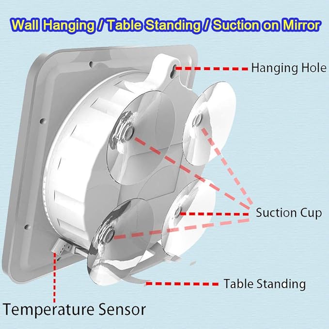 Large Waterproof Bathroom Shower Wall Clock, Big Digital Water Resistant Shatterproof Clock Thermometer Hygrometer for Bath, Temperature & Humidity Meter, Hanging & Table Standing & Mirror Suction Cup - Image 3