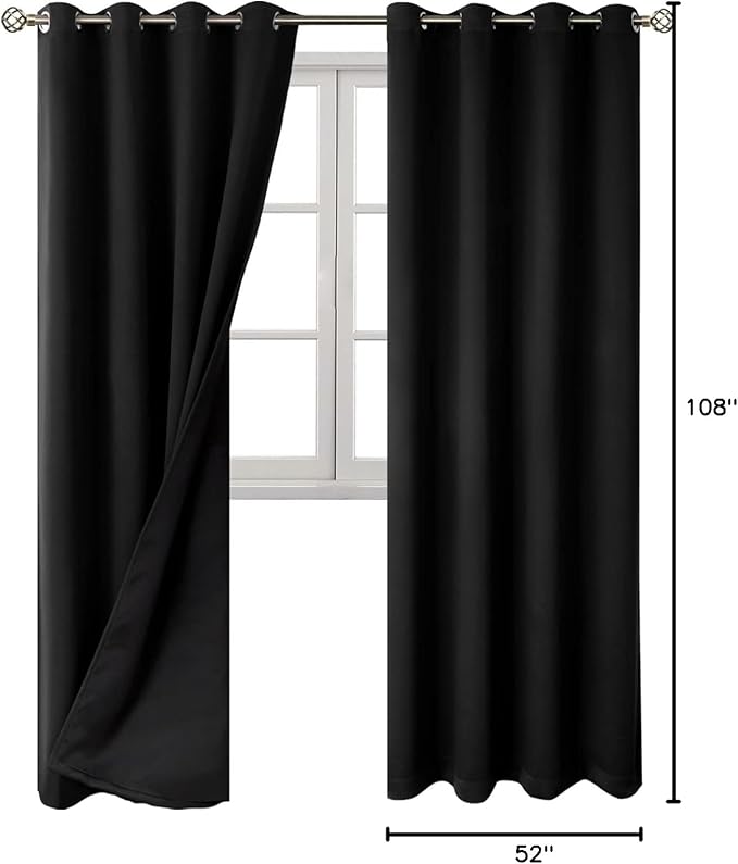 BGment 100% Blackout Curtains 108 Inch Long 2 Panles Set, Thermal Insulated Total Light Locking Soundproof Grommet Curtains & Drapes for Living Room with Black Liner, 52 Inch Wide Each, Black - Image 9