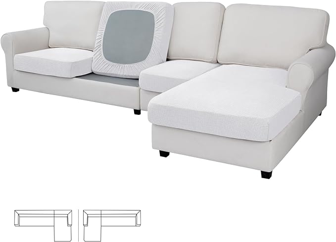 Easy-Going Stretch 4 Pieces Couch Cushion Covers for Sectional Sofa Left/Right L Shape Chaise Lounge Sofa Seat slipcover Anti-Slip Sofa Cover Soft (3 Seater + 1 Chaise, Snow White) by Easy-Going