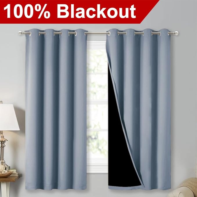 NICETOWN Extra Long Truly Blackout Drapes for Hall and Villa, 46" Width Each Panel, 45" Length, Vintage Blue, 2 Pieces, 100% Blackout Window Curtain Panels with Black Lined for Night Shift Worker - Image 2