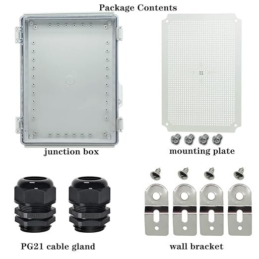 Zulkit Junction Box,IP67 Waterproof Electrical Box Hinged Clear Cover Stainless Steel Buckle Plastic Enclosure for Project w Mounting Plate Wall Bracket and 2 Cable Gland 15"x11"x5.1"/380x280x130mm - Image 6