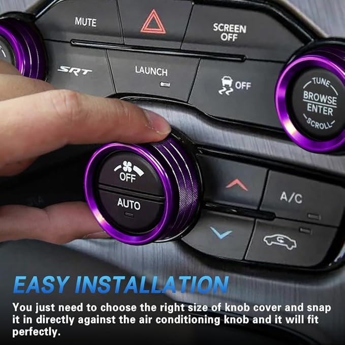 3PCS Air Conditioner Switch Button Knob Cover, Auto Accessories Climate Control Knob Covers, Aluminum Alloy Knob Ring Trim Cover Compatible with Dodge Challenger Durango 2015-2022 (Purple) - Image 5