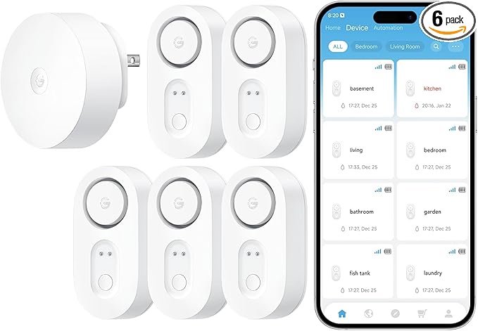 GoveeLife Upgraded Smart Water Leak Detector 1s with 1804ft Ultra-Long Range, WiFi Water Sensor with SMS/Email/APP Push and Sound Alarm,5-Year Battery Life, 5 Pack, Suit for Home, Basement, Kitchen by GoveeLife