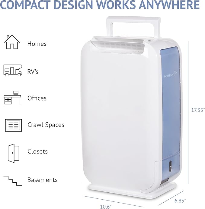 Ivation 13-Pint Small-Area Desiccant Dehumidifier Compact and Quiet - With Continuous Drain Hose for Smaller Spaces, Bathroom, Attic, Crawlspace and Closets - For Spaces Up To 270 Sq Ft, White - Image 5