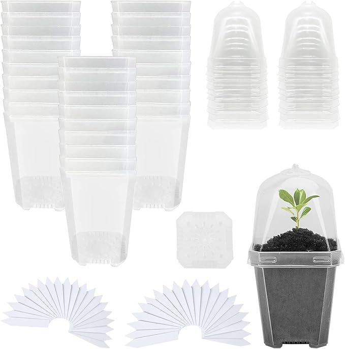 Hyuetrsa 30 Sets Plant Nursery Pots with Humidity Domes, 3" Plastic Gardening Pot with 30 Pcs Labels, Clear Seed Starting Pot Planter Containers with Drain Holes for Seedlings Vegetables Succulents by Unknown