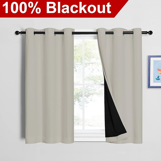 NICETOWN Natural 100% Blackout Curtains 45 inches Long, 2 Thick Layers Completely Blackout Window Treatment Thermal Insulated Lined Drapes for Small Window (1 Pair, 42 inches Width Each Panel) - Image 2