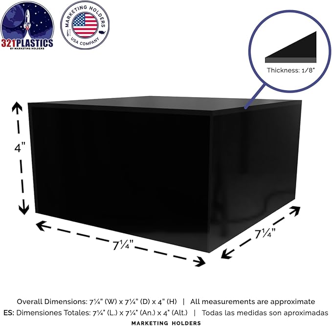 6 Pack Black Acrylic Display Box Versatile 5 Sided Pedestal Merchandise Storage Bin No Lid 7.25" x 7.25" x 4" Retail Product One Piece Riser One Open Side by Marketing Holders - Image 6