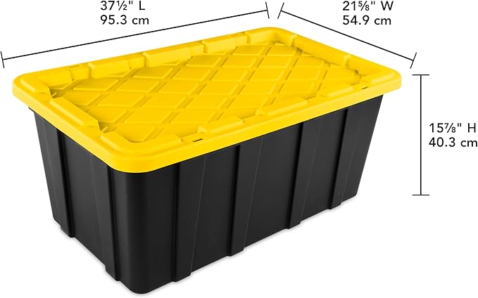 Sterilite 38 Gal Industrial Tote, Stackable Storage Bin with Snap-Fit Lid for Garage, Basement & Attic Storage, Black Base and Yellow Lily Lid, 4-Pack - Image 4