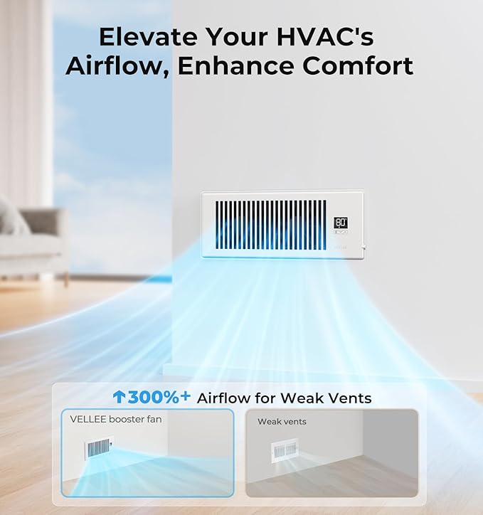 VELLEE Quiet Register Booster Fan Fits 4" x 12" (DUCT OPENING CUTOUT), 10-Speed Smart Heating Cooling AC Vent Booster Fan w/Remote Control & Thermostat Control (White) - Corded - Image 8