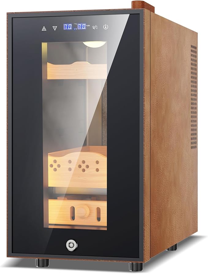 Electric Cooler Cabinet 25L with Temperature and Humidity Control, Leather Finish, Spanish Cedar Wood Shelves and Safety Lock (200 Counts Capacity), Gift for Men by FoMup