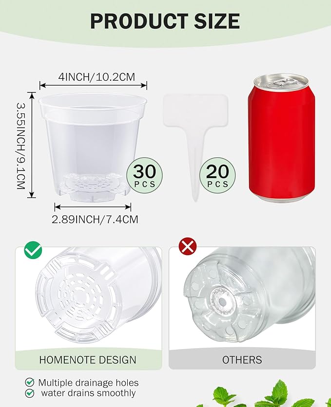 homenote Clear Nursery Pots for Plants,4 Inch Plant Pot for Planting Plastic Seedling with Drainage Holes Seed Starter Flower High Transparency with 20 Labels (30 Pack) - Image 7