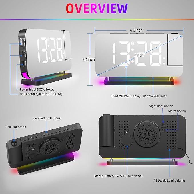 Projection Alarm Clock for Bedroom Ceiling,RGB Digital Clocks Radio with 10 Colors RGB Night Light,Loud Alarm Clock for Heavy Sleepers,USB C Charger Port,Snooze,12/24H,Auto Dimming - Image 6