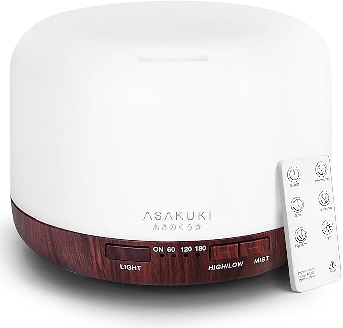 ASAKUKI Essential Oil Diffuser for Home, 500ml Aromatherapy Fragrant Oil Humidifier Vaporizer, 7-Color Light and Auto-Off Safety Switch (Reddish-Brown) by ASAKUKI