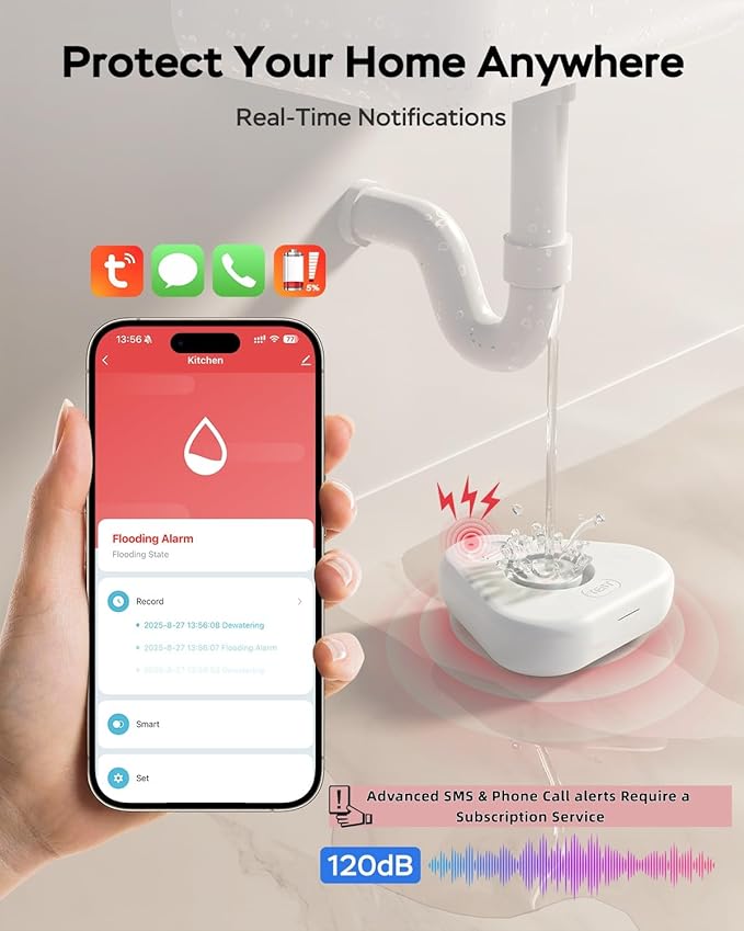 Water Alarm Leak Detector,Water Leak Detectors for Home with App Alerts,Water Sensor Alarm Leak Detector with 120db Adjustable,500ft Transmission for Basement,Bathroom,No Hub Required (Support 2.4G) - Image 4