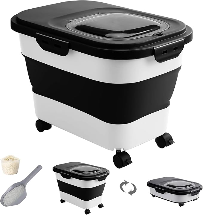 20-30 Lbs Rice Storage Container,Collapsible Food Storage Containers with Rolling Wheel Airtight Locking Lid,Flour Storage Container with Cup and Scoop,Suitable for Food,Rice,Pet Food,Flour by DDMOMMYCOLLAPSIBLEFOODSTORAGECONTAINERFAMILY