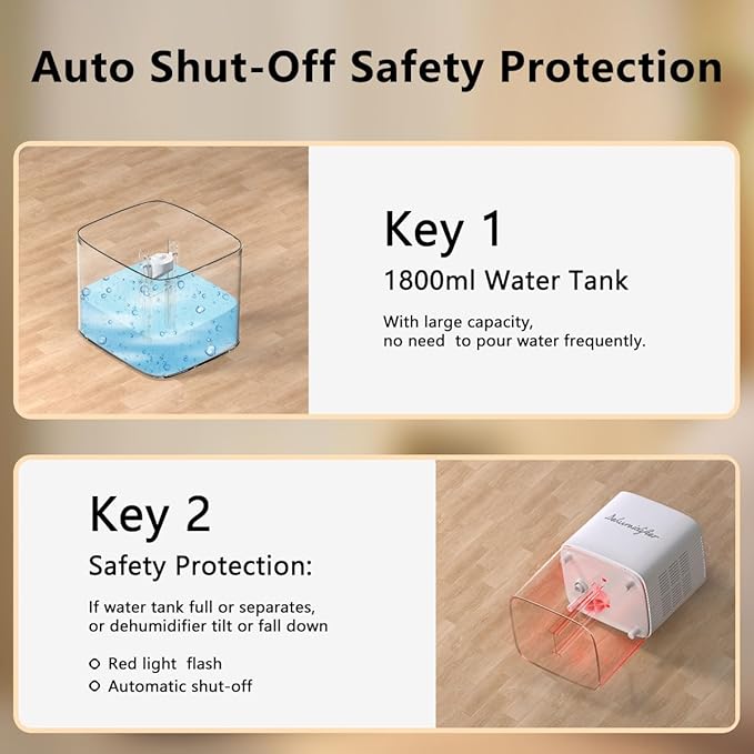 Dehumidifier 1800ML 63OZ Small Dehumidifier for Home 230 Ft² Safety Dehumidifiers Adjustable 10 Color Lights 5 Timers 3 Setting Modes Auto Shut Off Protection Low Noise For Bedroom Bathroom - Image 3