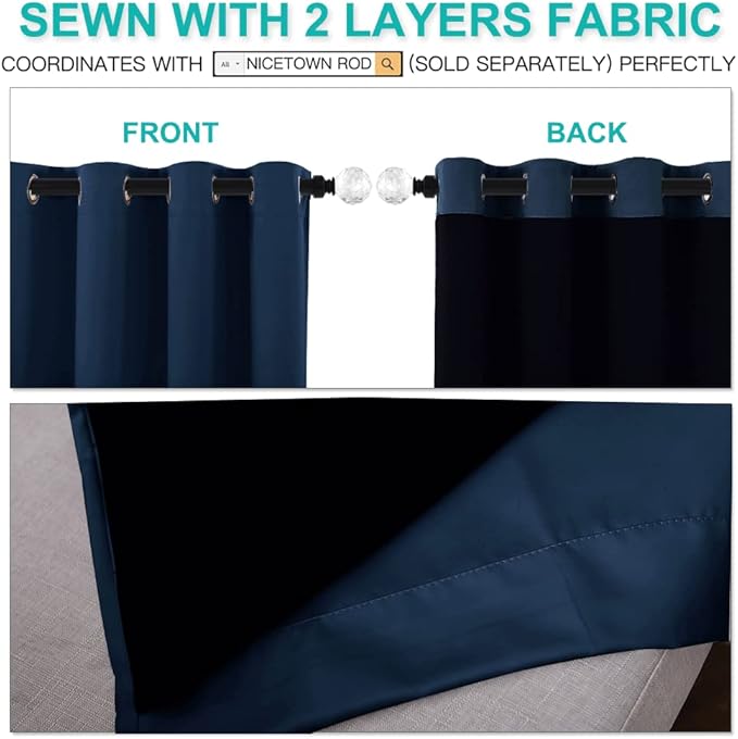 NICETOWN 100% Blackout Blinds, Laundry Room Decor Window Treatment Curtains, Thermal Insulated Energy Smart Drapes and Draperies for Villa, Hall and Studio, Navy Blue, Set of 2, 62 inches x 95 inches - Image 4