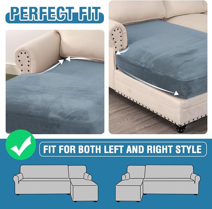 H.VERSAILTEX Velvet Stretch Individual Chaise Cover Sectional Couch Covers for L Shaped Sofa Both Left/Right Furniture Protector Seat Cushion Sofa Cover (1 Piece Chaise Cover, Stone Blue) - Image 6