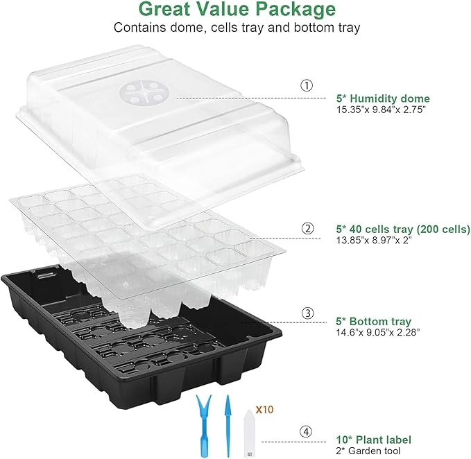 MIXC Seedling Trays Seed Starter Tray, 5-Pack Mini Propagator Plant Grow Kit Greenhouse with Humidity Vented Domes and Base for Seeds' Starting (40 Cells Per Tray, Total 200 Cells), Black - Image 6