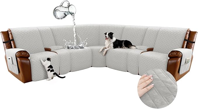Arfntevss Waterproof Recliner Sectional Couch Covers for Reclining L Shape Sofa Cover Non Slip Washable L Shaped Slipcover Sets for Dog Furniture Protector (5 Seat with 2 Console Cover, Pale Gray) by Arfntevss