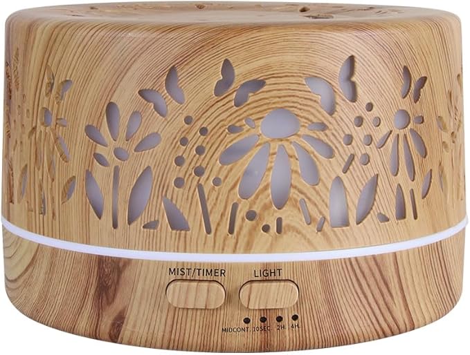 Wild Essentials 700ml Designer Large Room Essential Oil Diffuser, 5 in 1 Ultrasonic Aromatherapy Vaporizer Cool Mist Humidifier, Home, Office Bedroom, Timer, Auto-Off, 7 Color LED (Light Wood Flowers) by WildEssentials