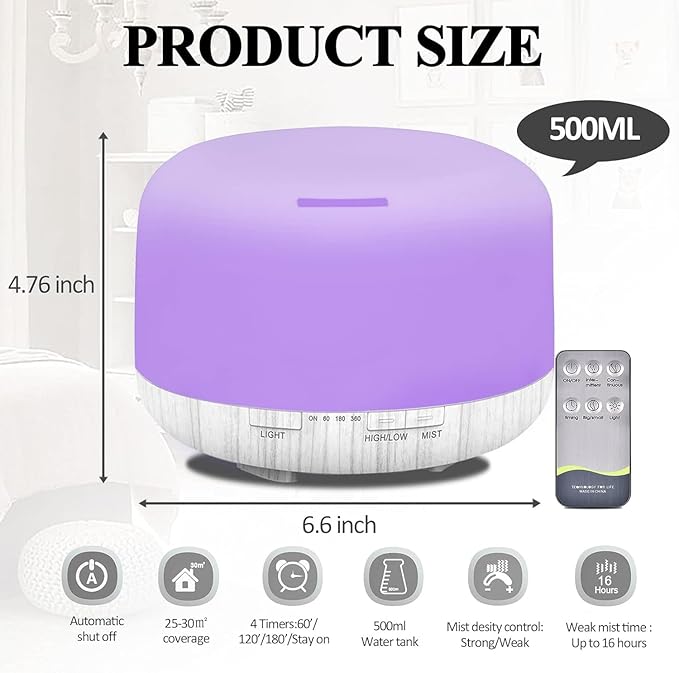 Humidifiers for Bedroom Large Room Home Baby Kids Whole House Hotel Office Desk Plant,500ml Portable Aromatherapy Essential Oil Diffuser Cute Ultrasonic Cool Mist Humidifier with Light Remote - Image 8