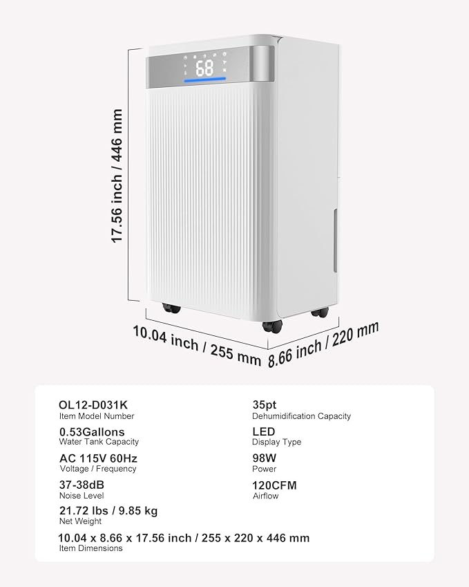 VEVOR 35 Pints Dehumidifier for Home & Basement, 2500 Sq.Ft Coverage, Drain Hose for Commercial & Industrial Use, Smart Humidity Control, Low Noise for Large Rooms, Warehouses, Bedrooms & Storage - Image 7