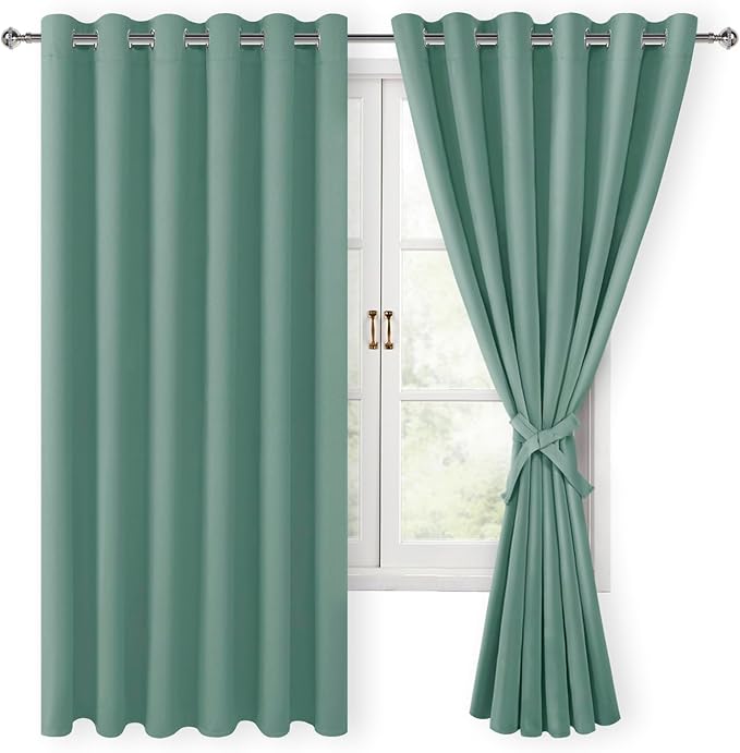 Hiasan Grommet Blackout Curtains for Bedroom, 70 x 63 Inches - Thermal Insulated & Light Blocking Window Drapes for Living Room/Dorm Room, Set of 2 Panels Sewn with Tiebacks, Sage Green by Hiasan