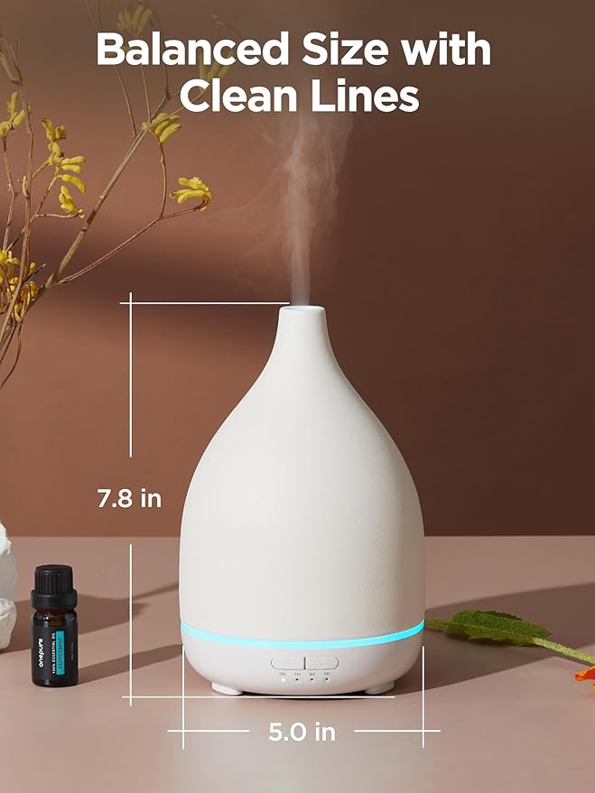 InnoGear Oil Diffuser, 300ML Ceramic Diffuser for Essential Oils Handcrafted Aromatherapy Diffuser Ultrasonic Cool Mist Humidifier with 4 Timers Waterless Auto Off for Room Office, White Base - Image 2