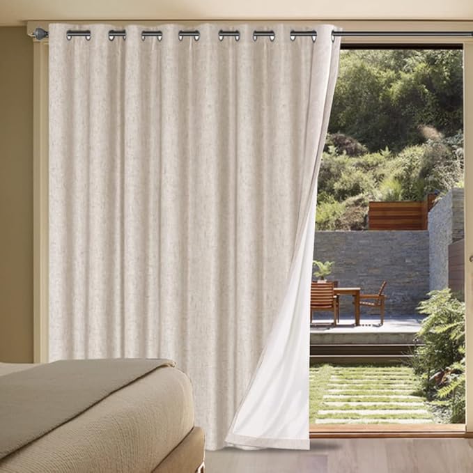H.VERSAILTEX Linen Blackout Curtain Durable Thick Textured Linen Look 100% Blackout Patio Door Curtain Anti Rust Grommet Extra Wide Sliding Door Curtain Panel, W100 x L84 inch - Natural by HVERSAILTEX