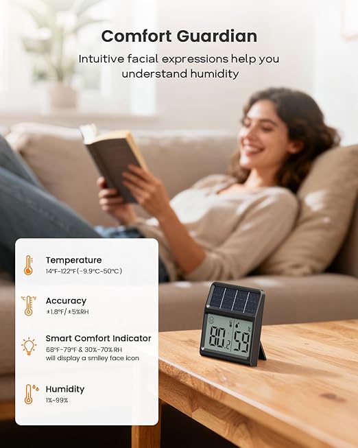 Digital Indoor Thermometer & Hygrometer, Light Powered (No Rechargeable Batteries Runs Only on Real-time Light Exposure) Solar Indoor Temperature and Humidity Monitor, Humidity Gauge - Image 5