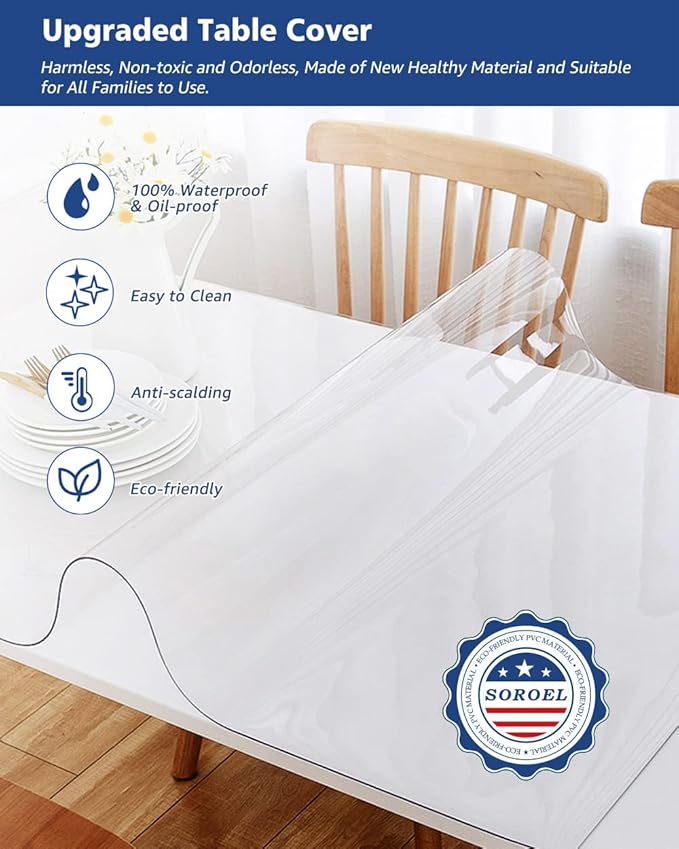 44X96 Inch Clear Plastic Dining Table Protector Pad PVC Tablecloths Waterproof Clear Vinyl Tabletop Cover Mat 1.5mm Thick Transparent Furniture Surface Protector Easy Clean Heat Resistant - Image 2