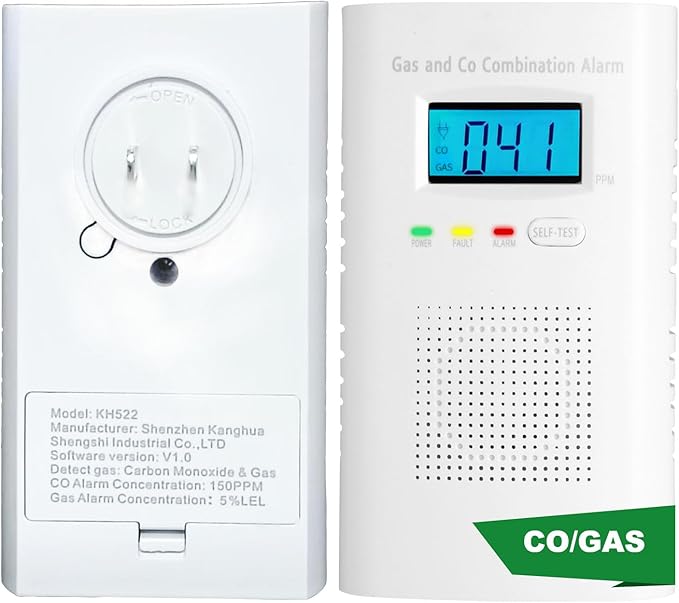 Combination Gas and Carbon Monoxide Detector Plug-in | CO Alarm & Natural Gas Combustible Detector | Digital Display, Battery Backup, Easy Install | for Home Kitchen Safety Monitoring 1-Pack by Vzmcov
