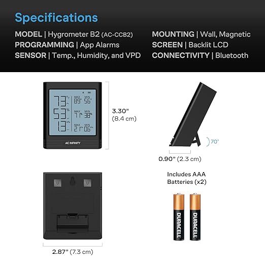 AC Infinity Temperature Humidity VPD Smart Hygrometer B2 with LCD Display & Bluetooth App Monitor, Climate Gauge Thermometer for Basements, Guitar Rooms, Grow Tents and Greenhouses - Image 6