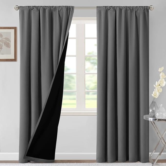 H.VERSAILTEX 100% Blackout Curtains for Bedroom Thermal Insulated Curtains & Drapes Blackout Curtains 96 Inches Long Rod Pocket Curtains for Living Room with Black Liner 2 Panels Set, Grey - Image 2
