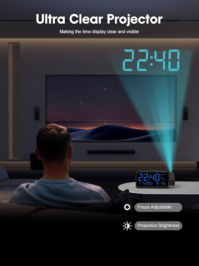 ROCAM Projection Alarm Clock for Bedroom Ceiling, Digital Clock with 180° Projector with 5-Level Dimmer, Dual Loud Alarm with Weekend/Weekday Mode, Date, Temp, Humidity, Night Light, DST, Snooze - Image 3