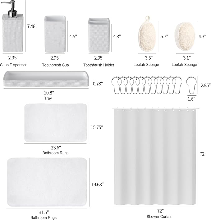 White Bathroom Set, White Bathroom Accessories Sets with Shower Curtain and No-Slip Bath Rugs, Natural Loofah Sponge, Soap Dispenser, Toothbrush Holder, Toothbrush Cup and Tray for Bathroom - Image 8