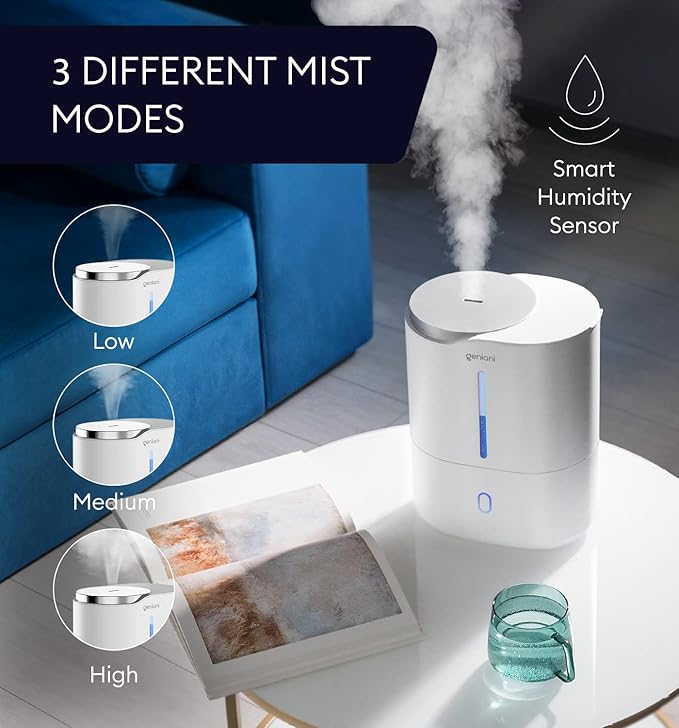 GENIANI Cool Mist Air Humidifiers for Bedroom, Plants, and Large Rooms - Quiet Humidifiers for Baby Room with Auto Shut Off & Night Light (3.9L, White) - Image 3