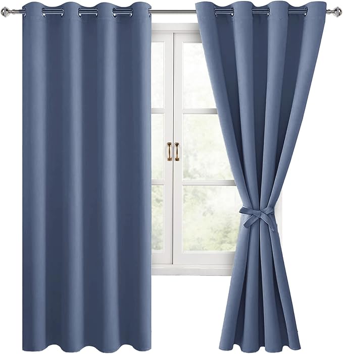 Hiasan Blackout Curtains for Bedroom, 52 x 63 Inches Length - Thermal Insulated & Light Blocking Window Curtains for Living Room/Kids Room, 2 Drape Panels Sewn with Tiebacks, Blue Haze by Hiasan