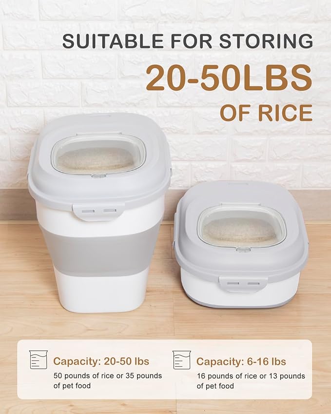20-50 Lbs Food Storage Container With Wheel, Airtight Locking Lid, Collapsible Rice Container, Flour Storage With Small Container and Scoop, Suitable for Pet Food - Image 2