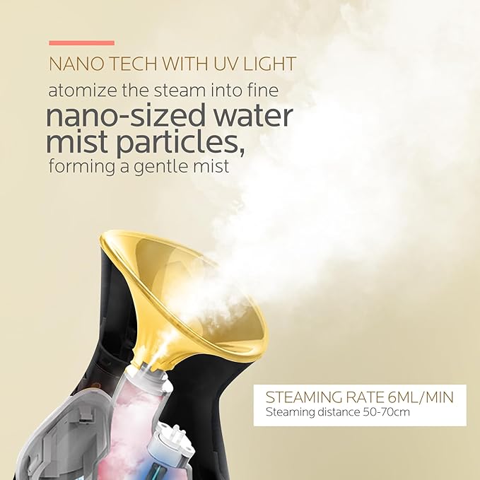Colorfarm Facial Steamer Nano Ionic: Face Steamer Home Spa Kit Deep Cleaning Unclogs Pores Sinuses Inhaler with 8 Skin Care Tools - Relaxing Self Care Skincare Beauty Gifts for Women (Black Gold) - Image 3