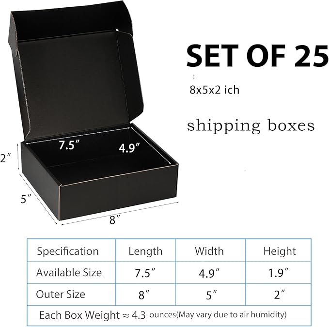 Small Shipping Boxes 8x5x2 Inch (25 Pack) - Sturdy Black Corrugated Cardboard Boxes for Small Business, Ecommerce, Mailing & Packaging | Recyclable Gift & Storage Boxes - Image 2