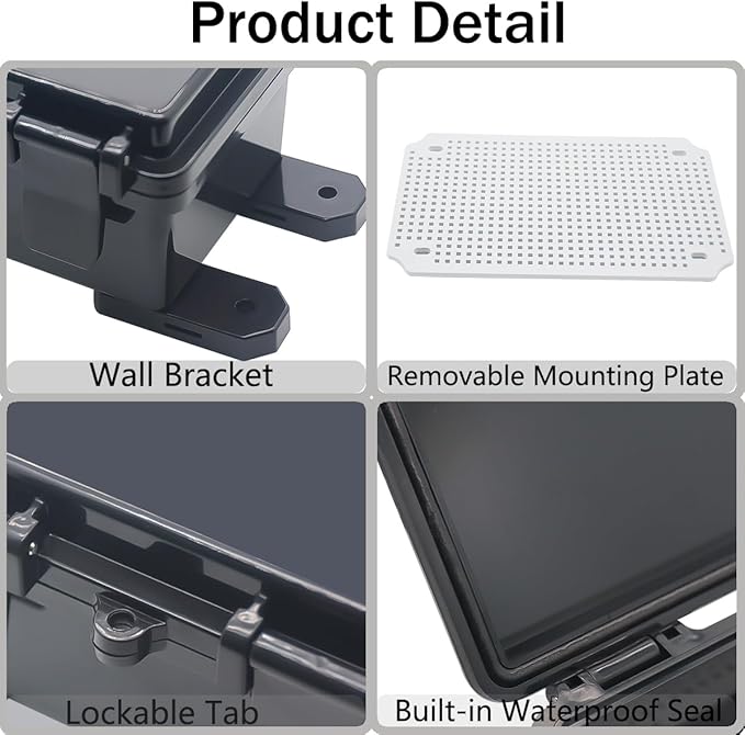 Junction Box, Hinged Black Cover IP67 Waterproof ABS Project Box with Mounting Plate Electrical Box Enclosure with Wall Bracket 11.8 x 7.9 x 6.7inch(300x200x170mm) - Image 4