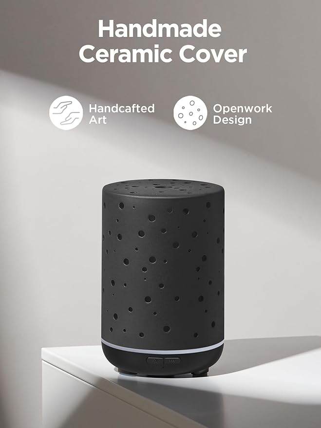 InnoGear Essential Oil Diffuser, 150ml Ceramic Diffuser Ultrasonic Air Diffusers Humidifier Cool Mist Aromatherapy Diffuser with 2 Mist Modes Waterless Auto Off for Home Office, Black - Image 2
