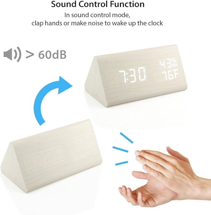 OCT17 Wooden Alarm Clock, Wood Alarm Clock Smart LED Digital Clock for Bedroom/desks, Upgraded with Time Temperature, Adjustable Brightness and Voice Control, Humidity Displaying - White - Image 5