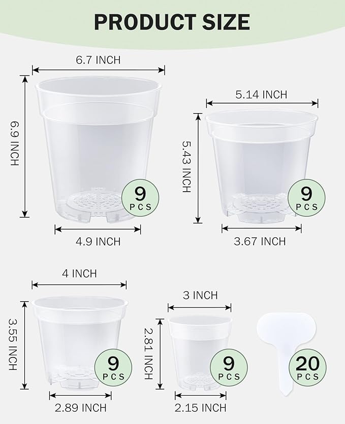 homenote Clear Nursery Pots for Plants,3/4/5/6.7 Inch Plant Pot for Planting Plastic Seedling Pots with Drainage Holes Seed Starter Pot Flower Pots High Transparency with 20 Plant Labels (36 Pack) - Image 7